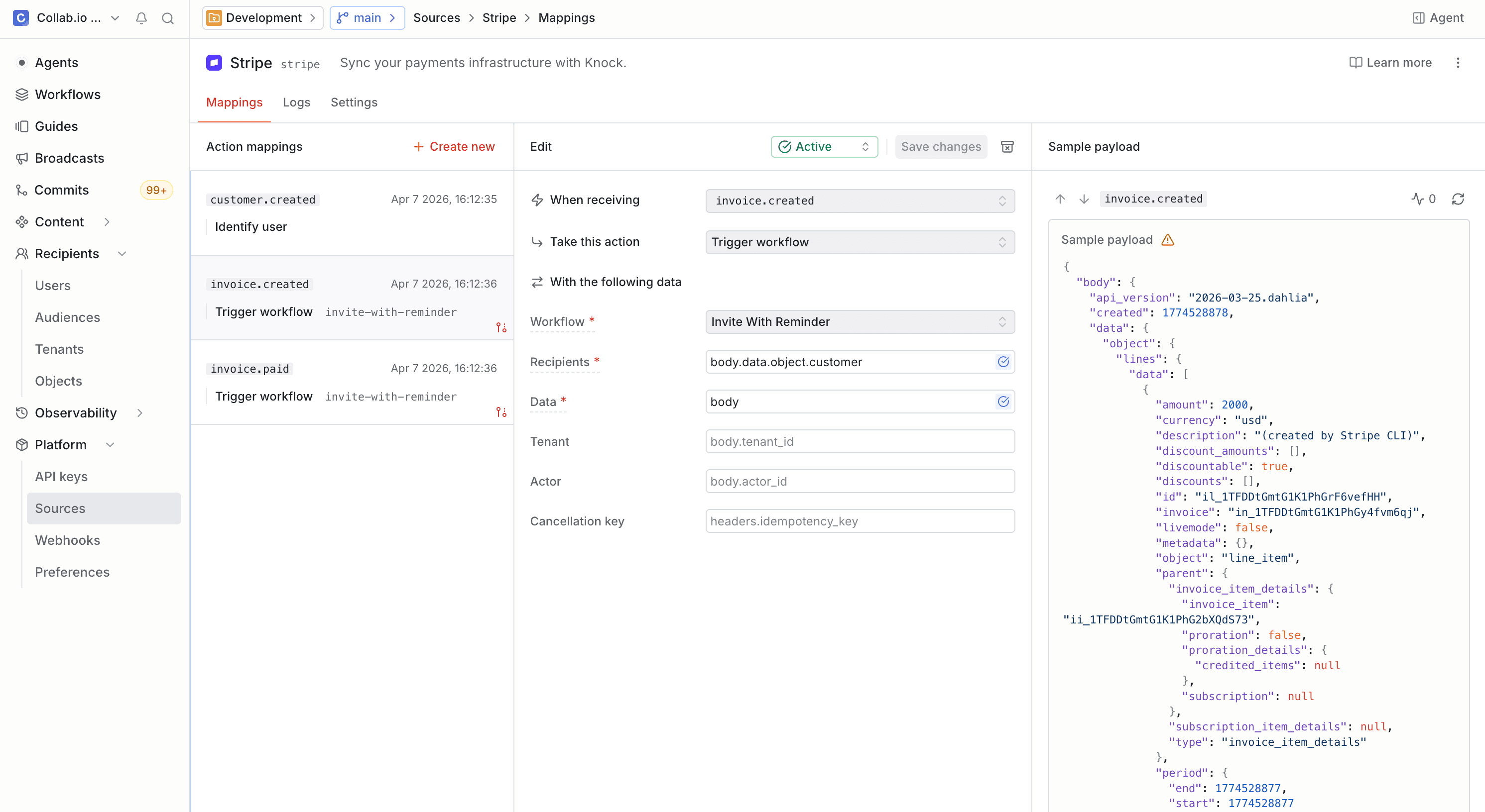 The event-to-action mapping configuration in the Knock dashboard, showing how incoming event fields map to action parameters