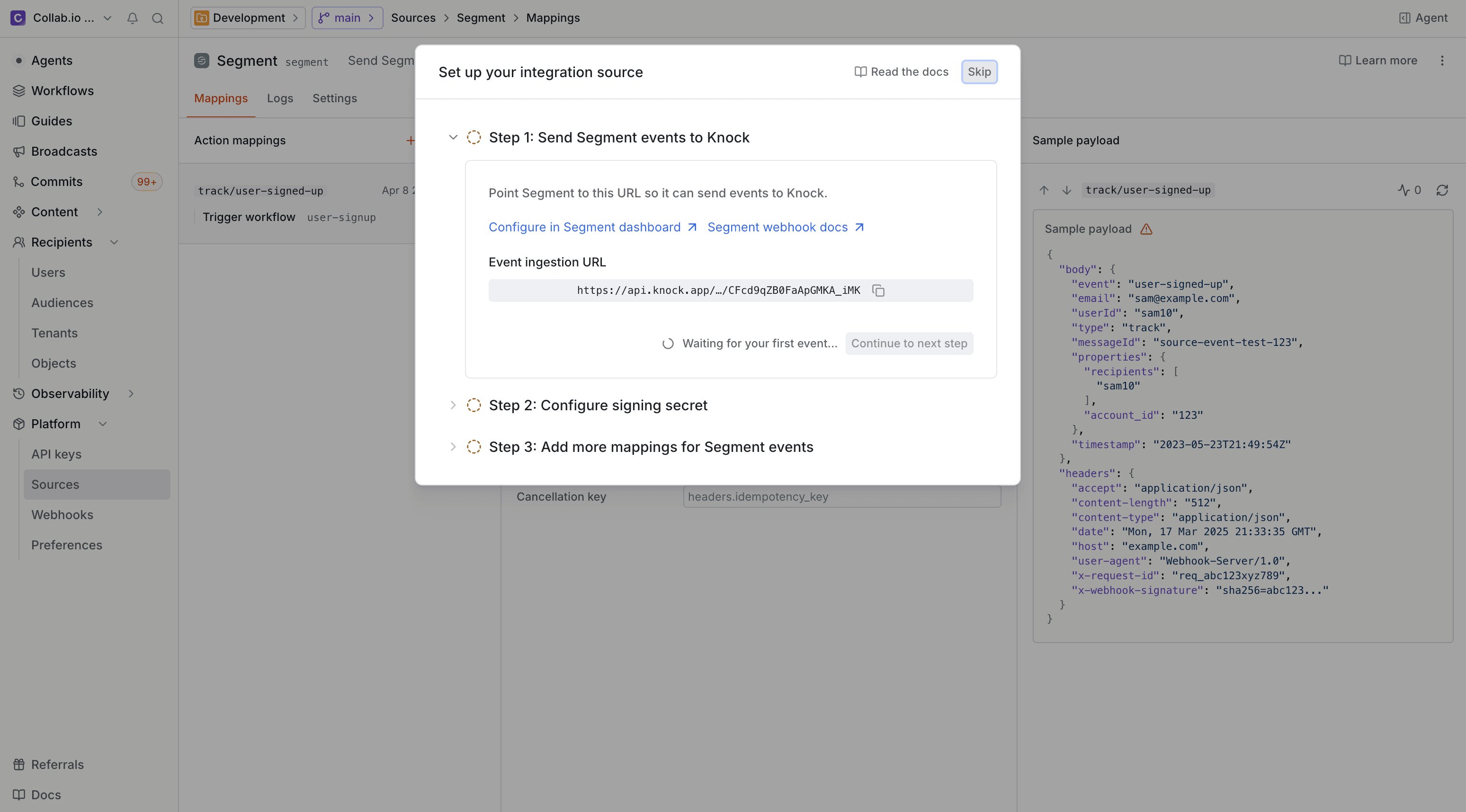 The Segment source setup wizard showing the event ingestion URL to copy